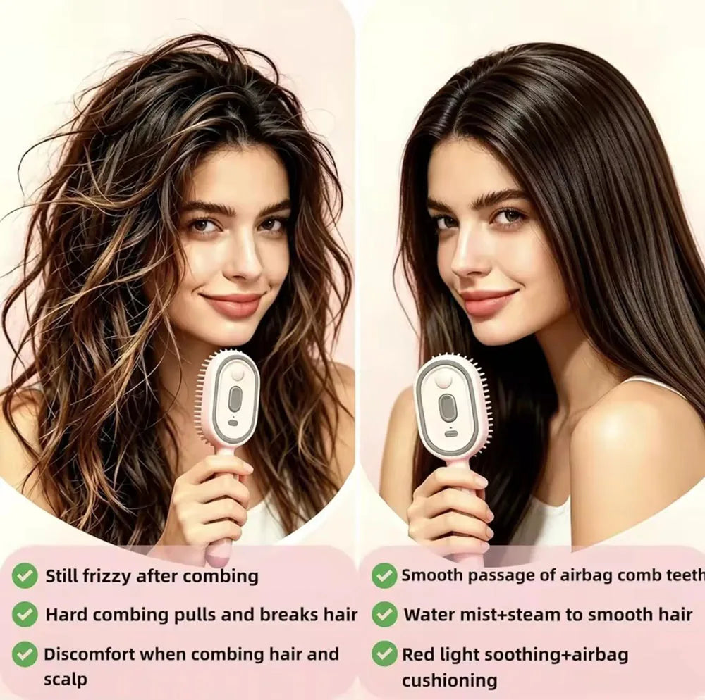 Wet Electrics Hairbrush with Water Spray Rechargeable Steams Hair Straightener USB-C Charging for Both Long & Short Hairs