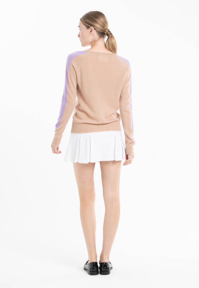 Pull col V femme en cachemire camel clair & violet - RIA 1