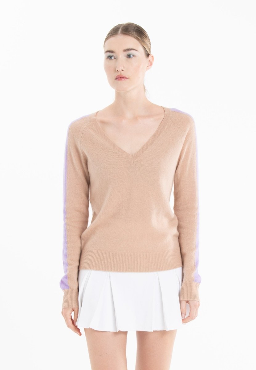 Pull col V femme en cachemire camel clair & violet - RIA 1